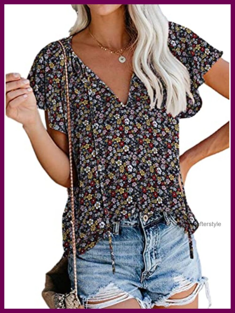 Women's Boho Floral V Neck Short Sleeve Summer Blouse